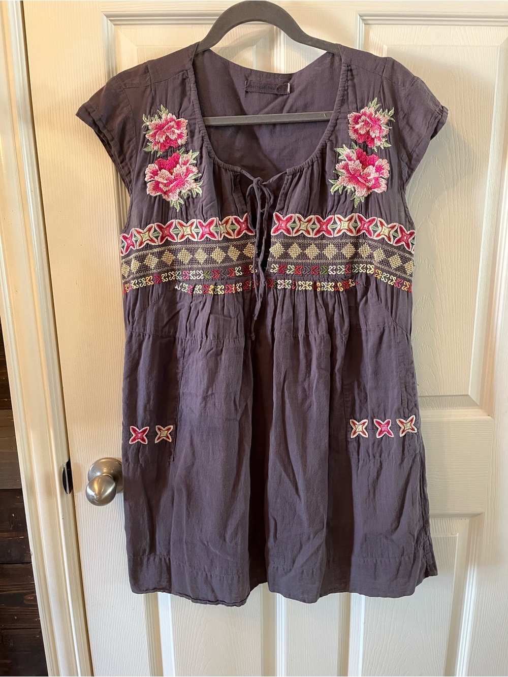 Embroidered Boho Grey Mini Dress Tunic with Floral Accents, Medium
